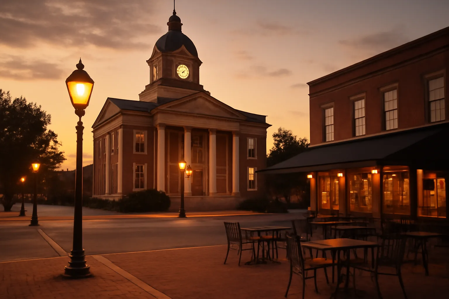 Courthouse square at dusk near a restaurant patio, evoking Georgia liquor licensing logistics