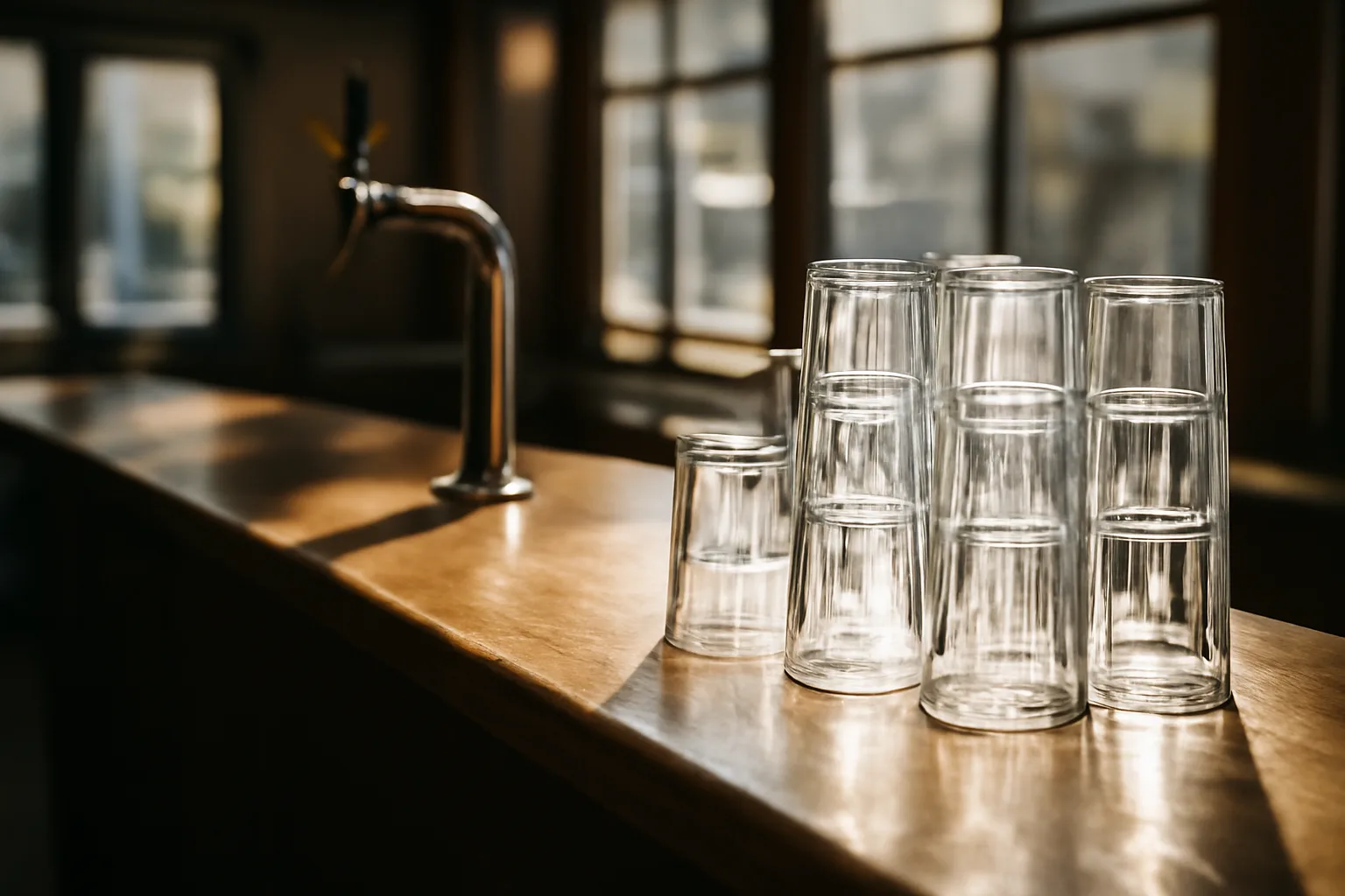 Empty bar counter with glasses and beer taps in morning light before opening