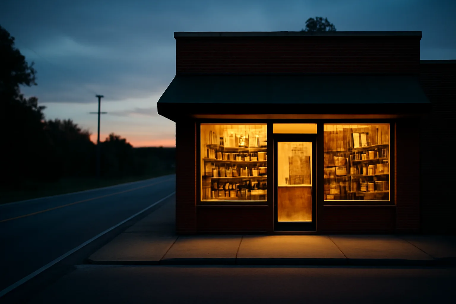 Independent liquor store storefront at dusk near a state border road