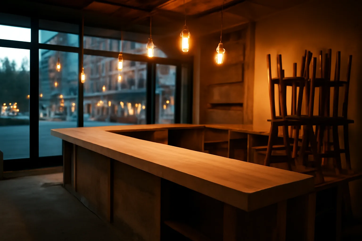 Unfinished restaurant bar interior during buildout before liquor license approval