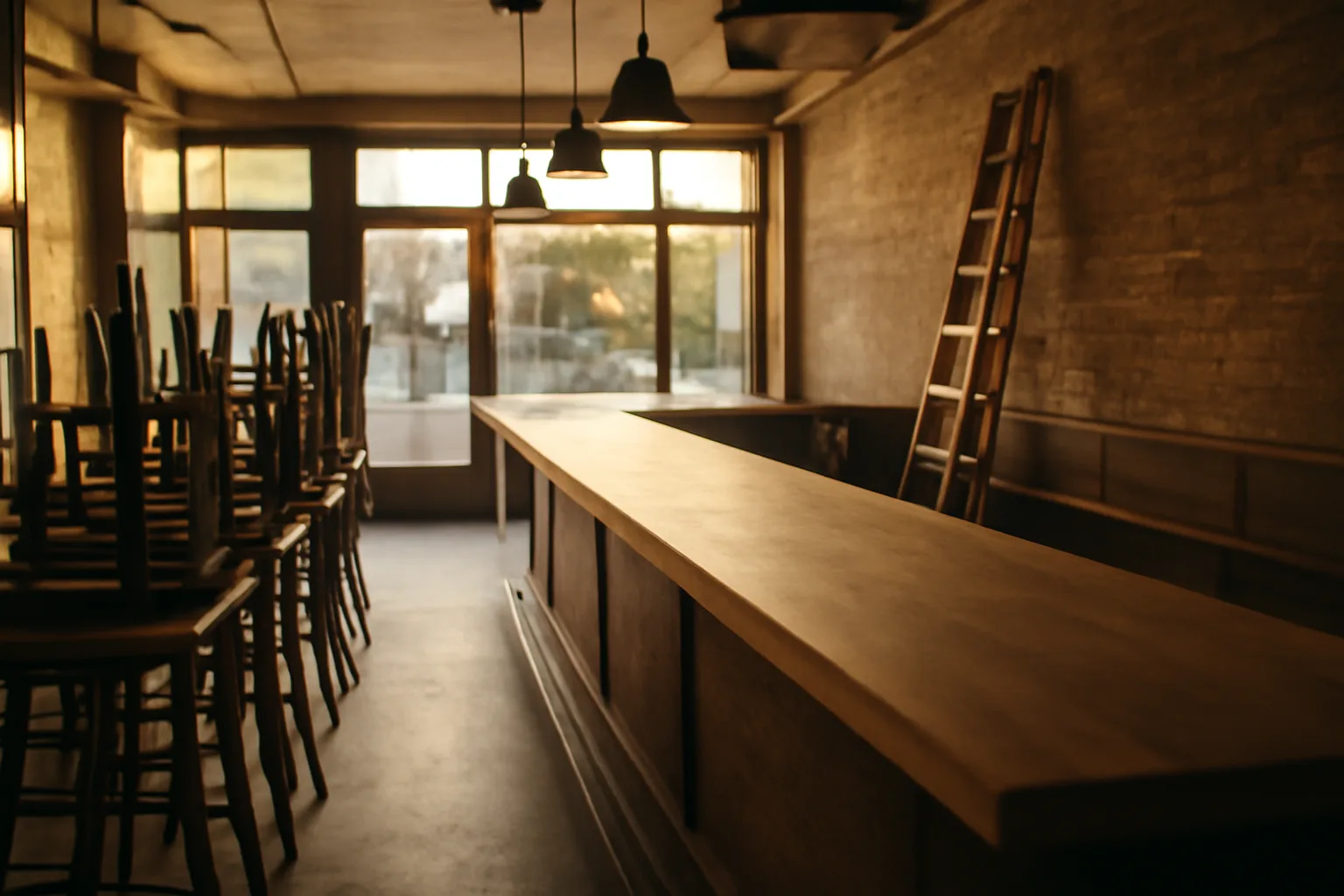 Empty restaurant bar under construction during the Colorado liquor license application process
