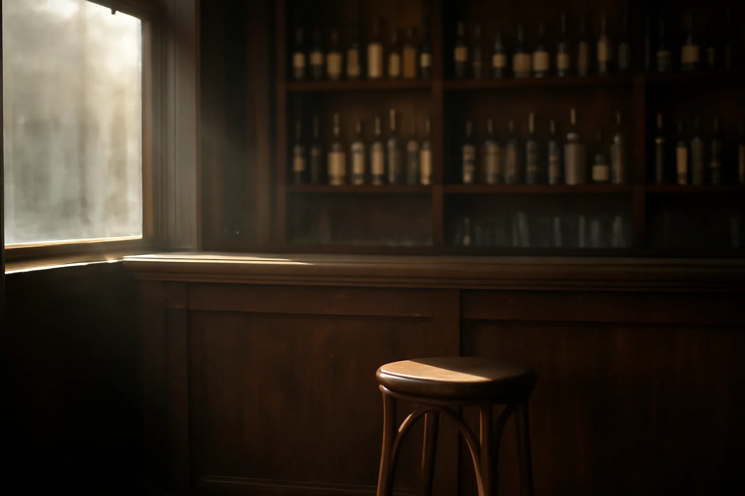 Empty bar interior with sunlight and shelved bottles before a Florida liquor license search