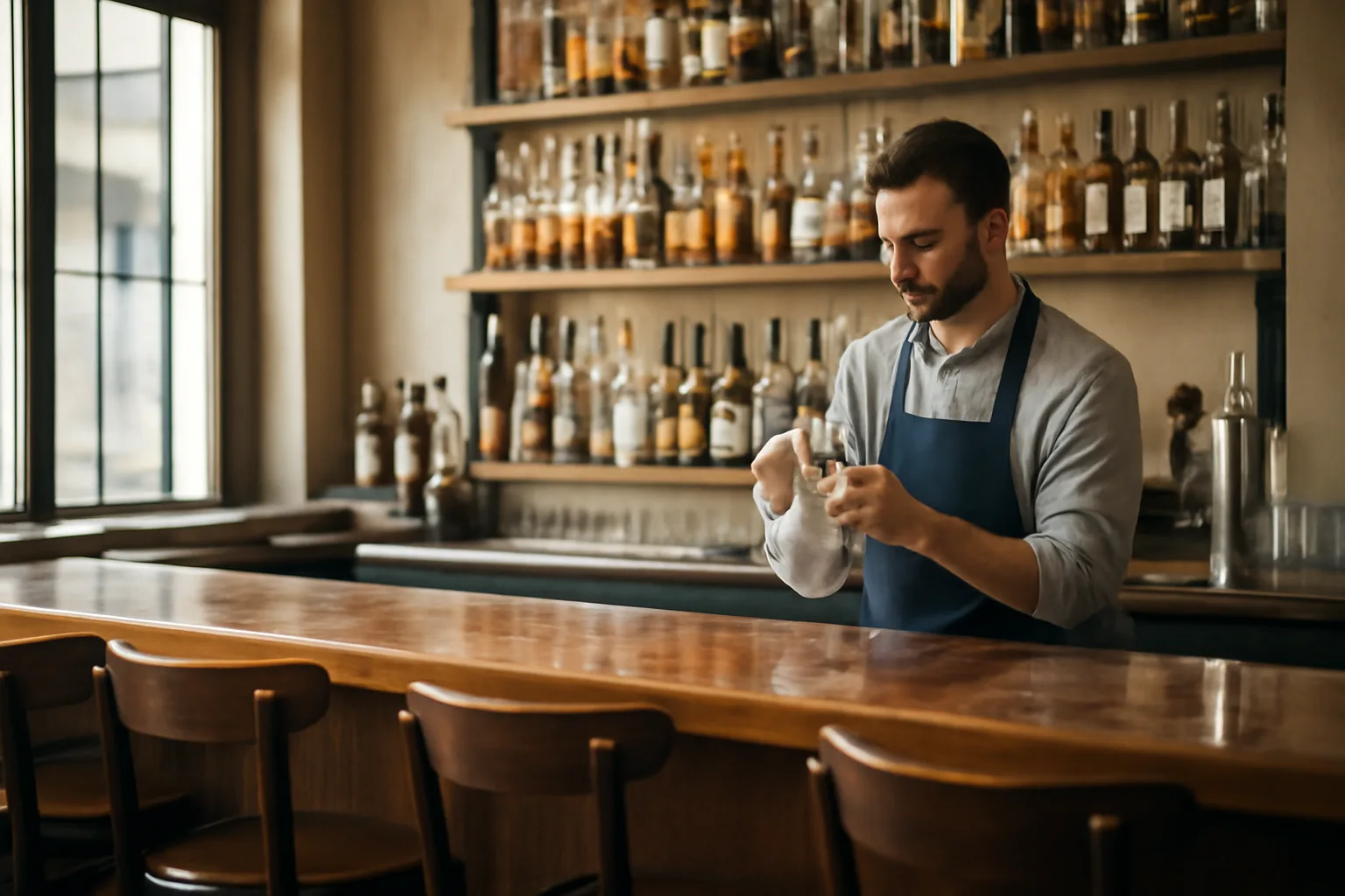 Bartender preparing a Florida restaurant bar before opening for liquor license compliance