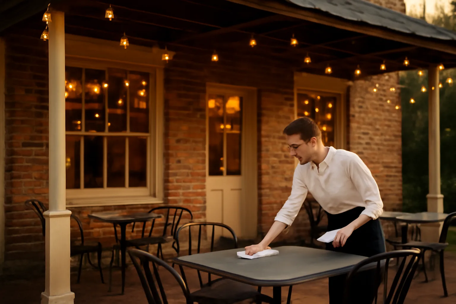 Restaurant patio at dusk illustrating a Georgia bar preparing to open under a liquor license