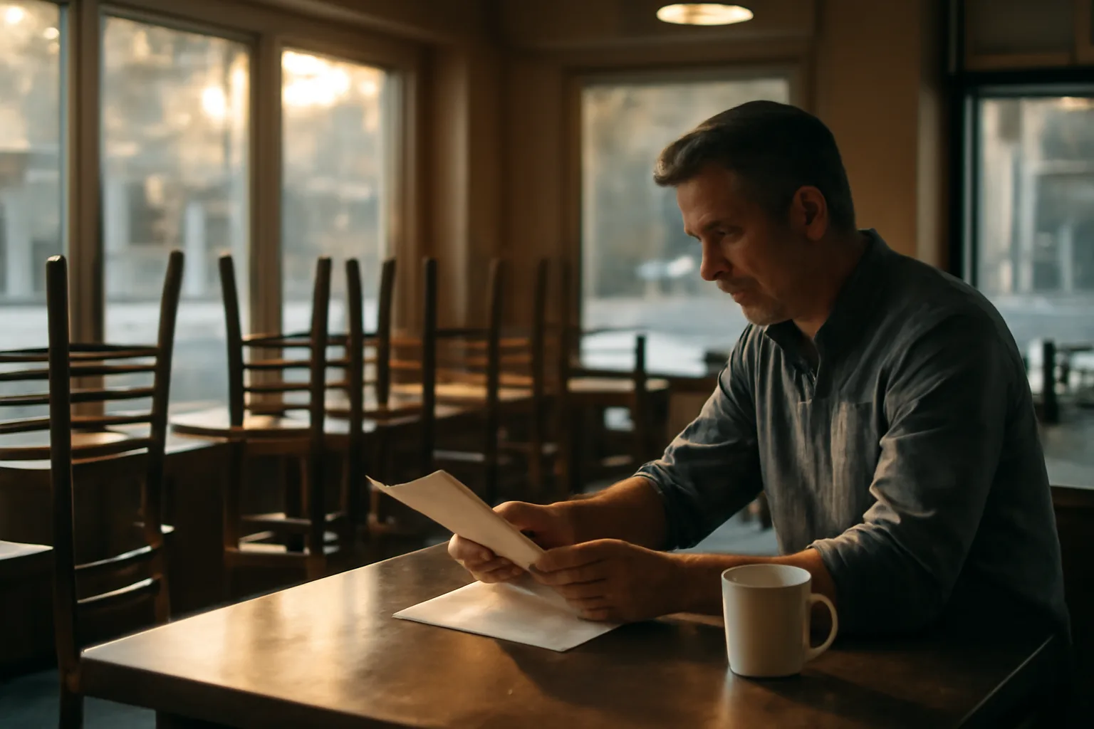 Restaurant owner reviewing state liquor license paperwork at an empty bar in early morning light