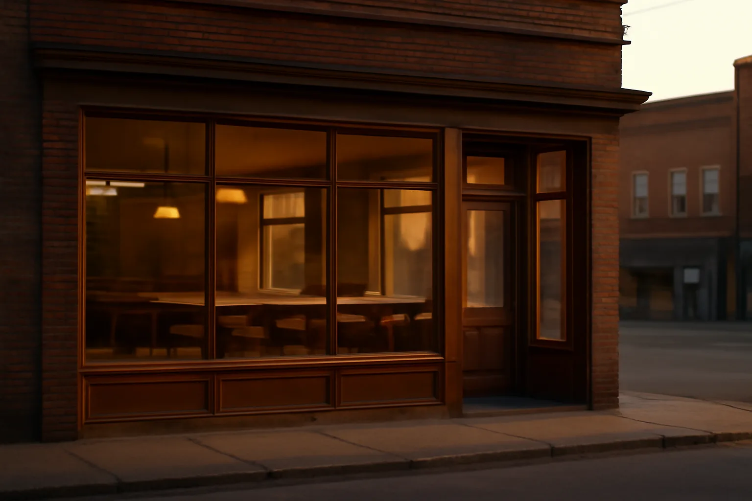 Small restaurant storefront at dusk representing a business awaiting its state of Iowa liquor license