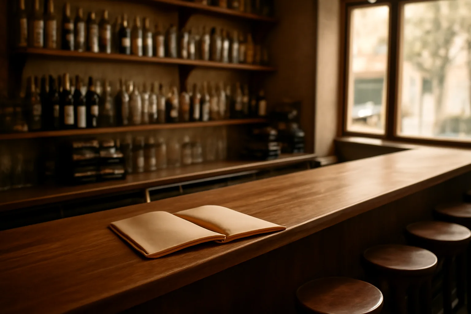 Empty restaurant bar counter with paperwork folder, representing Michigan liquor license planning