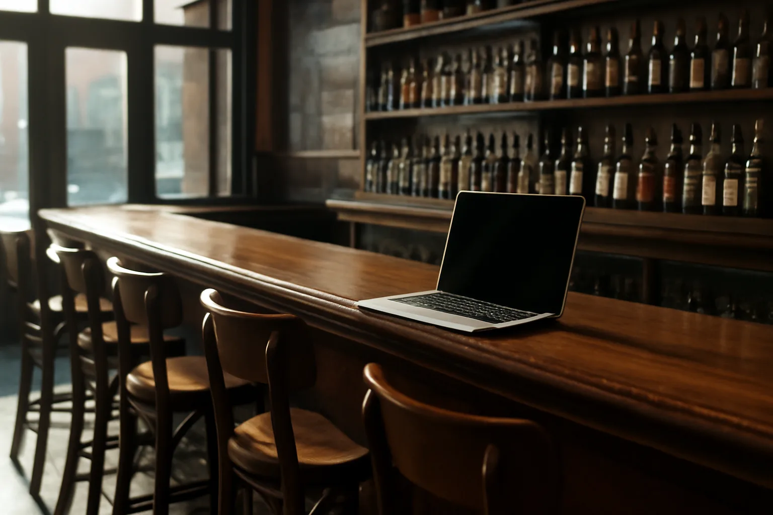 Empty Texas bar at morning light with laptop open on the counter before opening