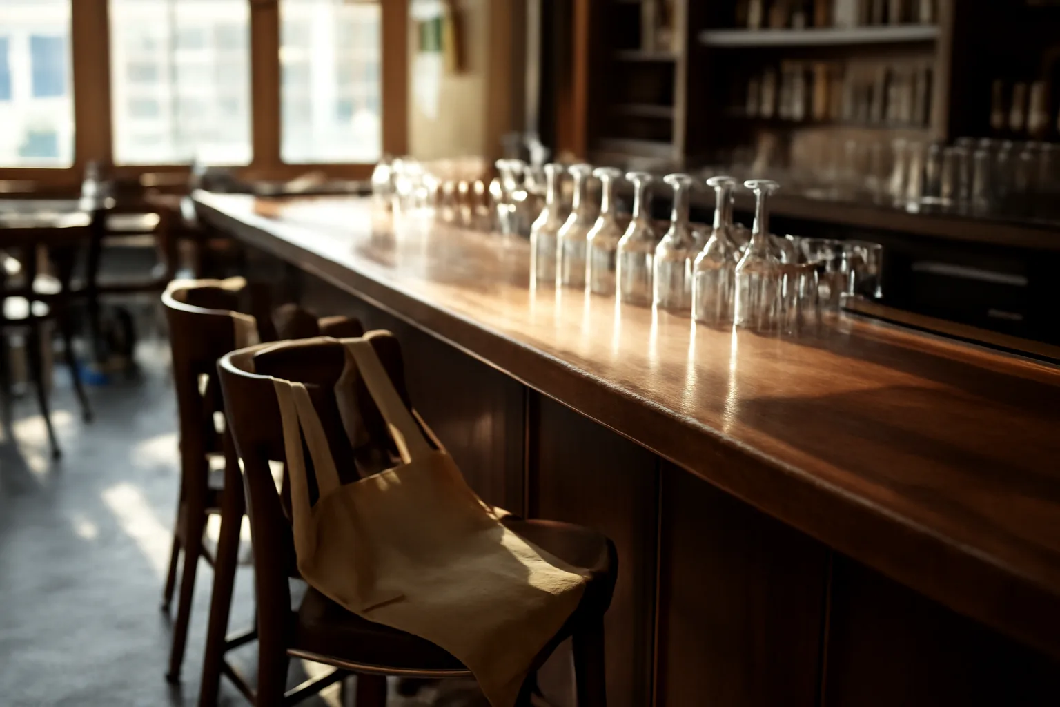 Empty restaurant bar in morning light before a Texas alcohol permit opening
