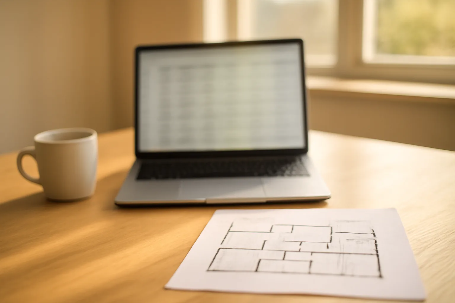 Desk scene with laptop and floor plan representing a TABC license lookup search