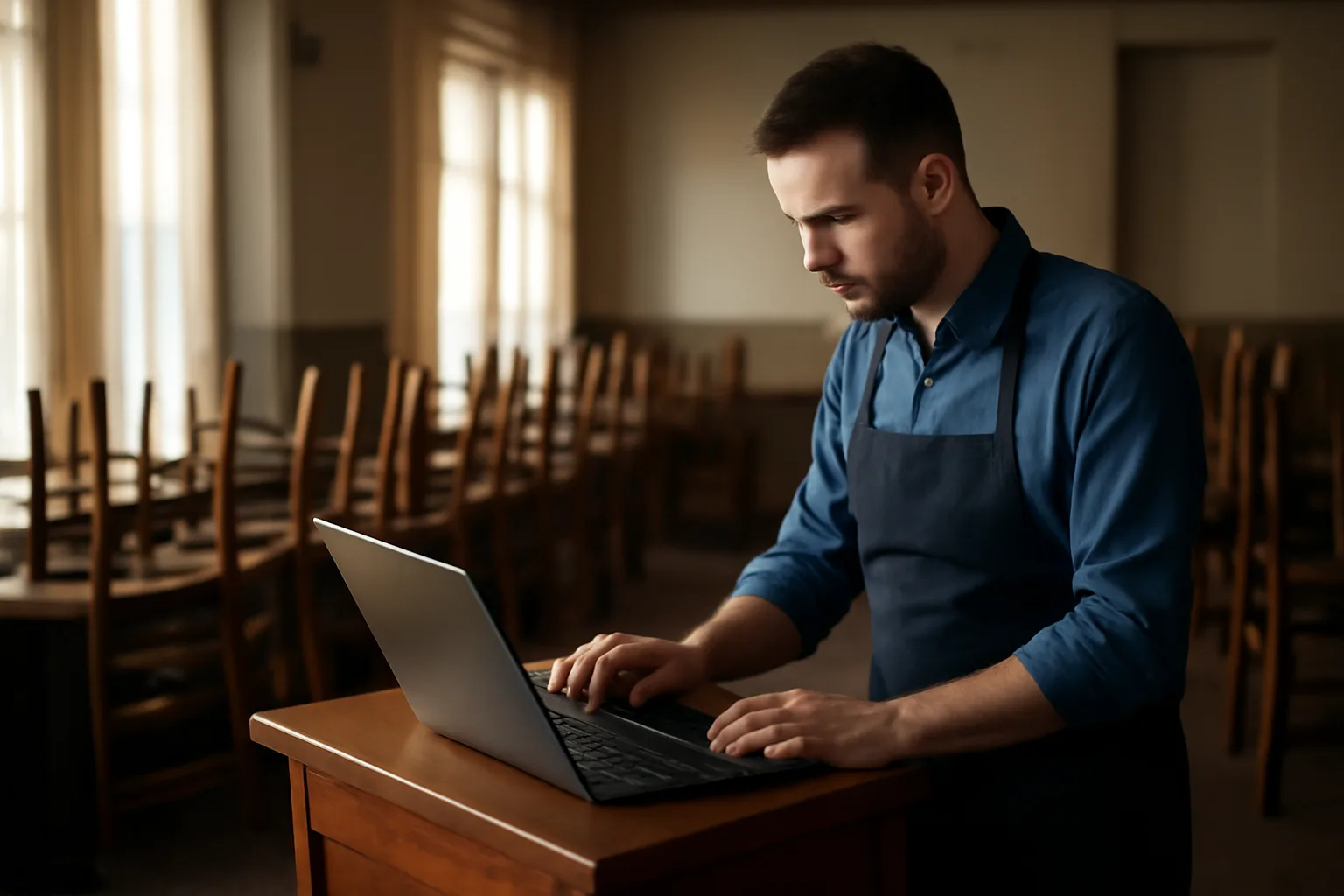 Restaurant owner checking liquor license status on a laptop before opening