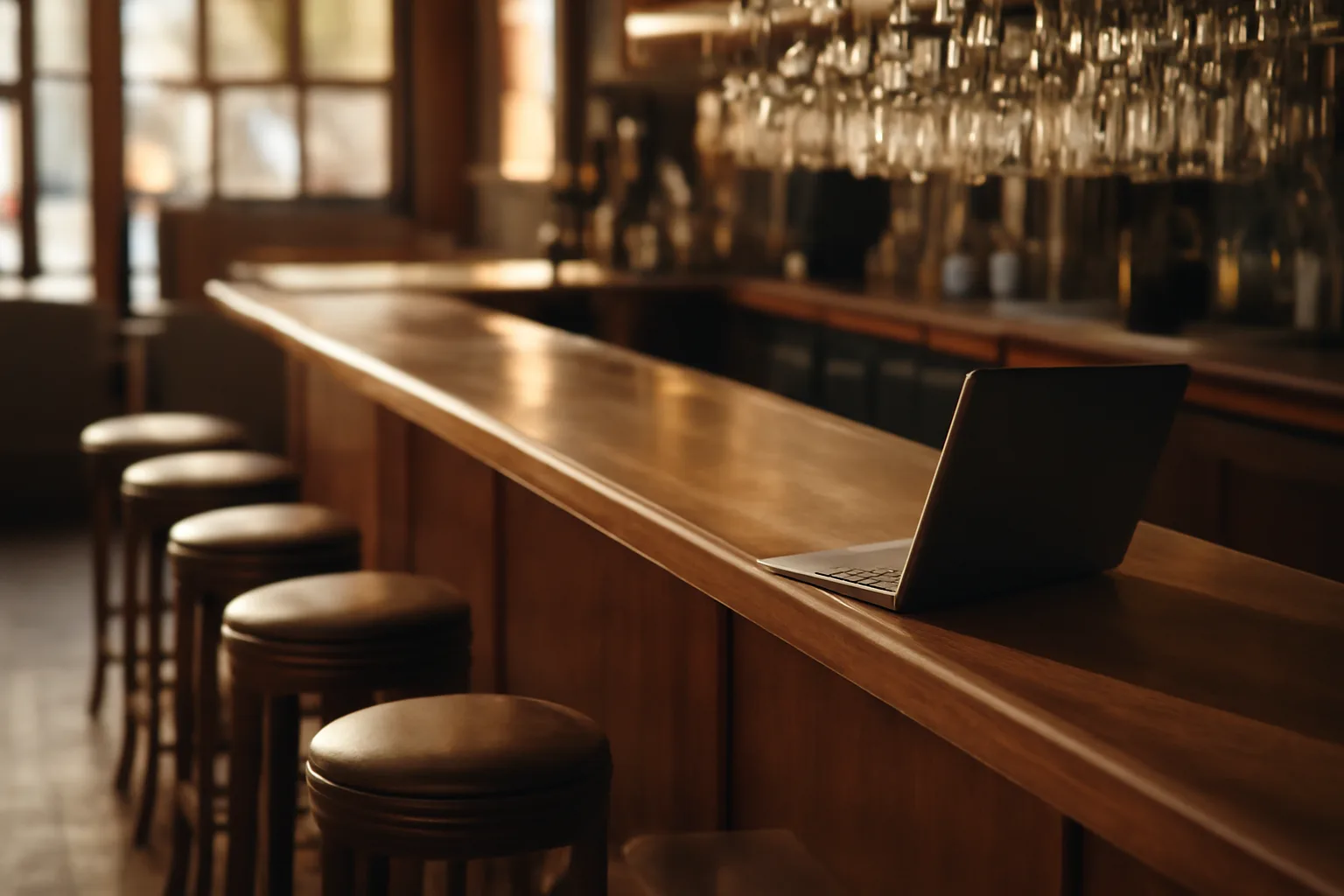 Empty restaurant bar counter with glassware, representing the process behind TABC meaning and liquor licensing