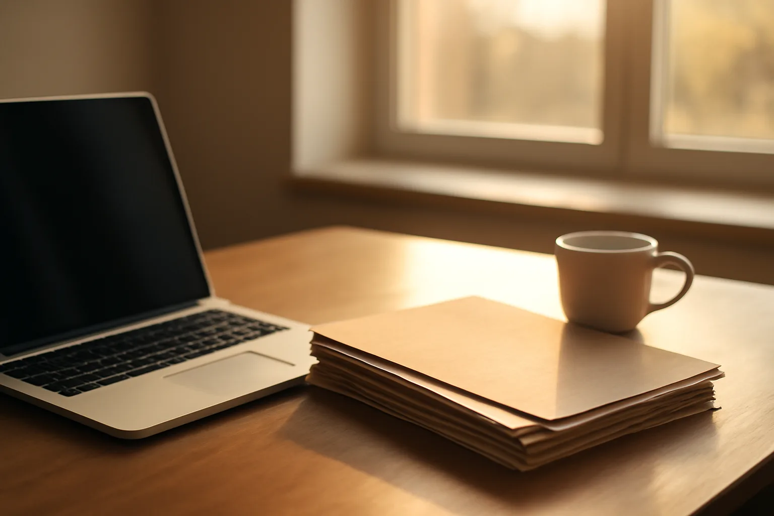 Desk with laptop and document folder representing online liquor license paperwork process