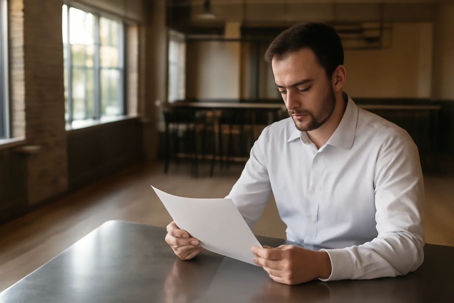 Restaurant owner reviewing paperwork near an empty bar before a TABC permit opening