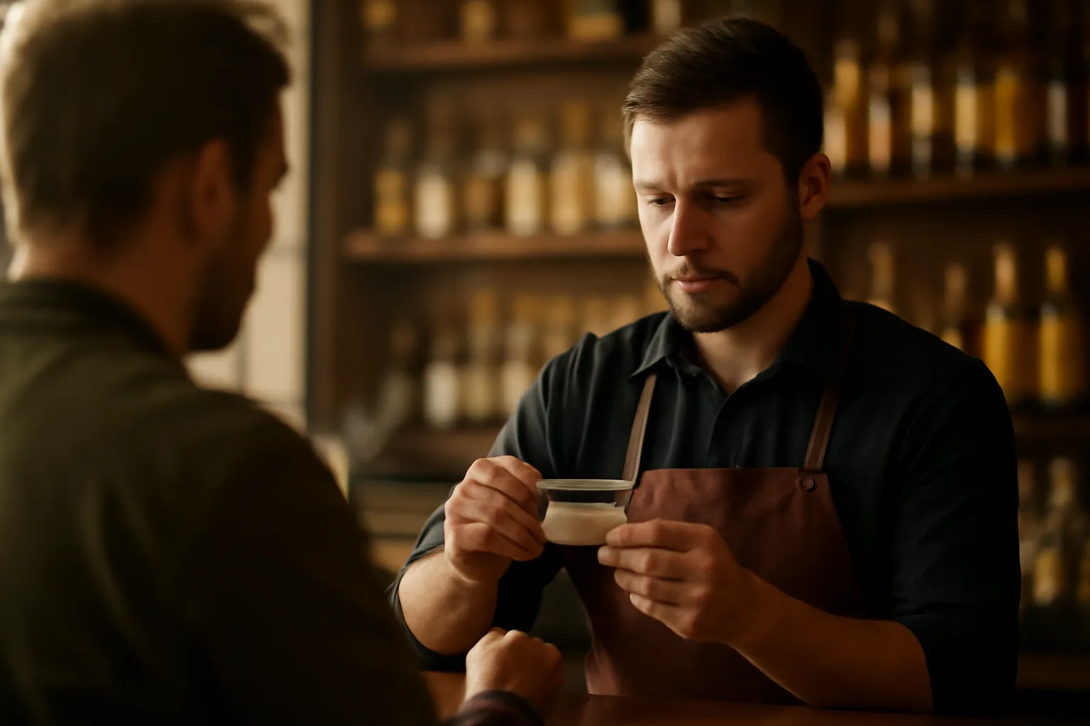 Bartender checking a customer's ID at a bar counter in evening light