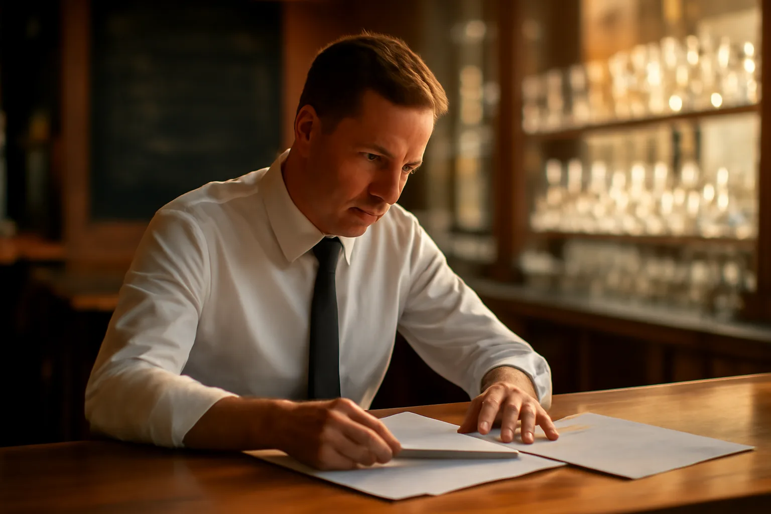 Restaurant owner reviewing documents at a bar while planning a Tennessee ABC liquor license application