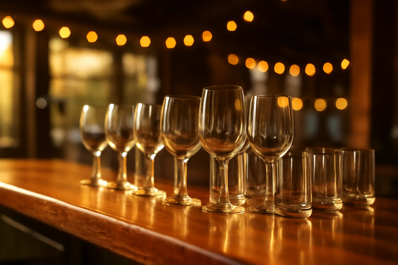 Empty restaurant bar counter at golden hour with lined-up glassware, no signage visible