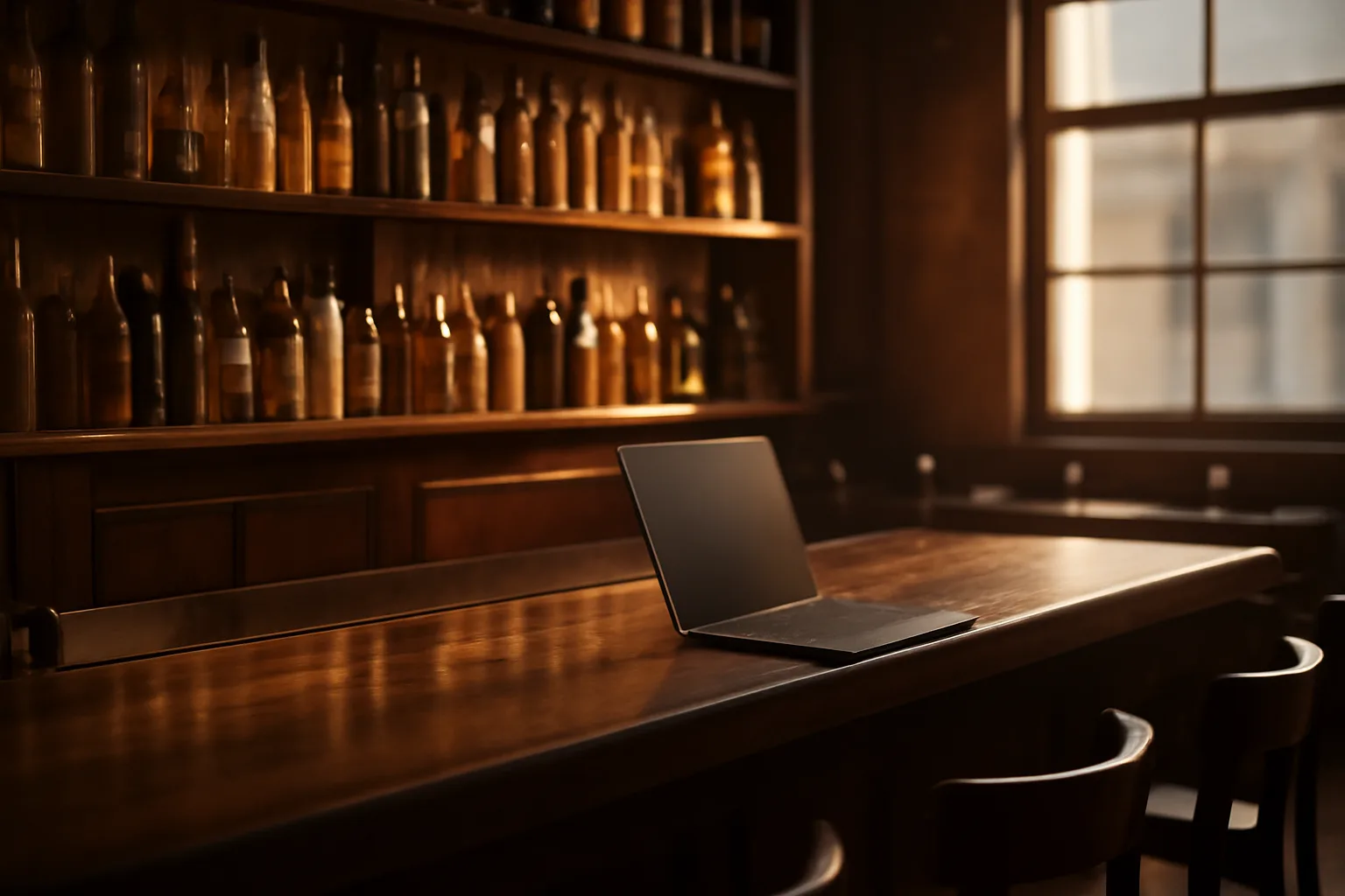 Empty bar interior with laptop open, representing a Texas ABC license search session