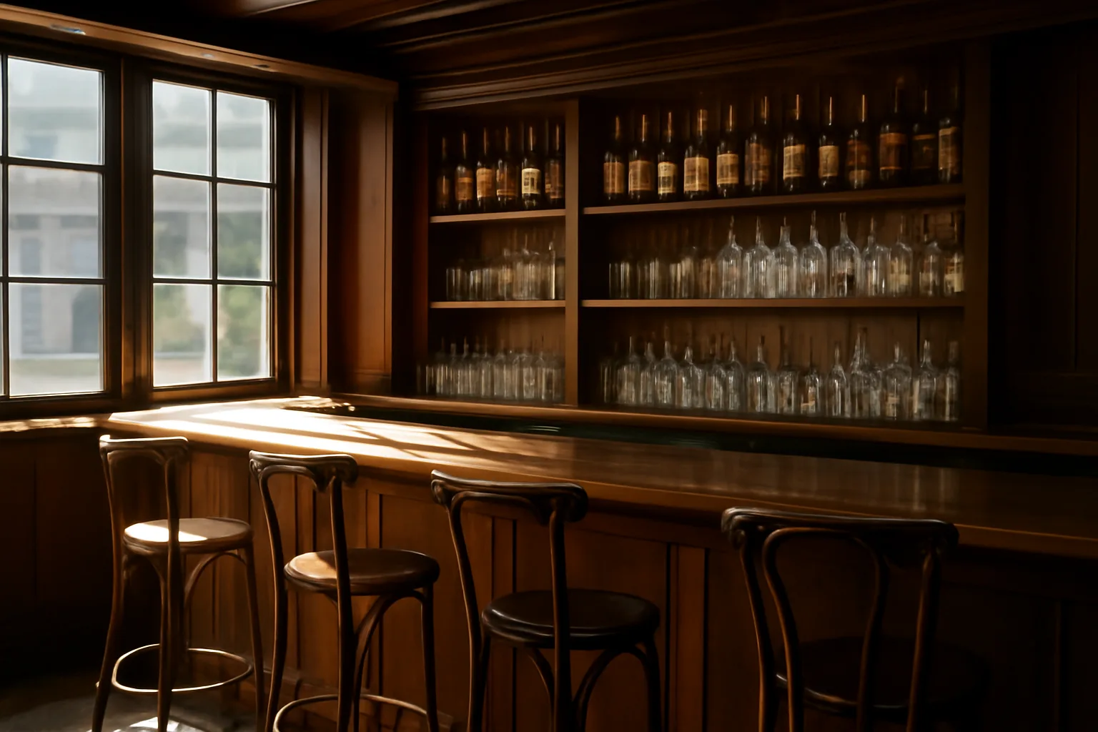 Empty Texas bar interior with sunlit bottles and glassware before opening