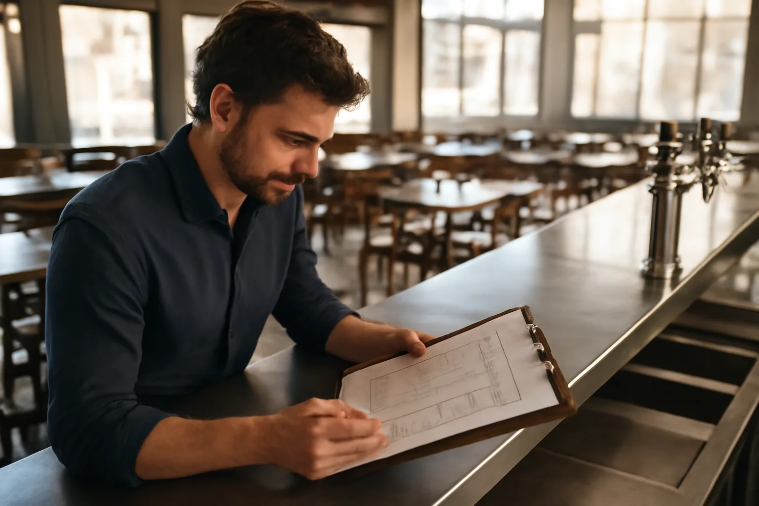 Bar manager reviewing floor plan near empty bar counter before opening