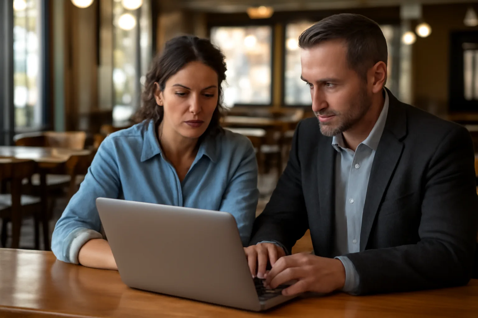 Restaurant owners checking a Texas TABC license search result on a laptop at a bar counter