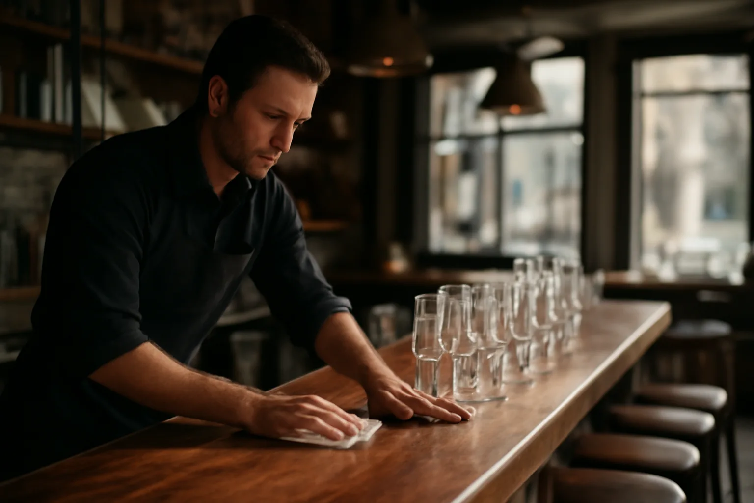 Bartender wiping down bar top during pre-opening setup in a restaurant
