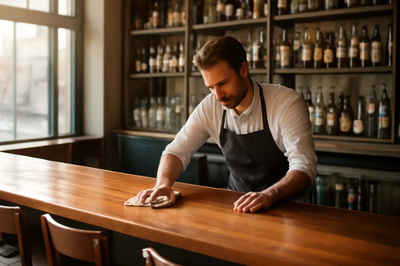 Bartender preparing a Tennessee restaurant bar before opening under a liquor license