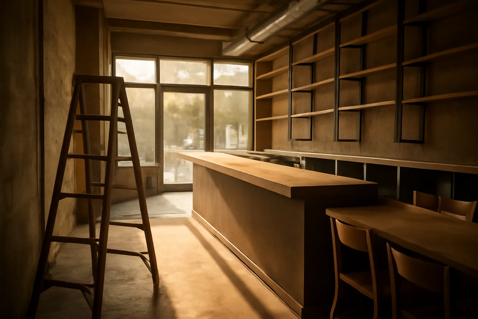Empty restaurant bar under construction before liquor license approval