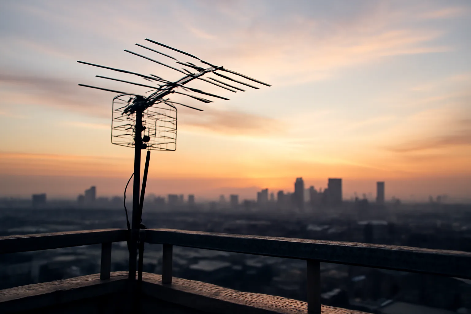 Rooftop broadcast antenna at dawn representing the FCC license behind the ABC threat story