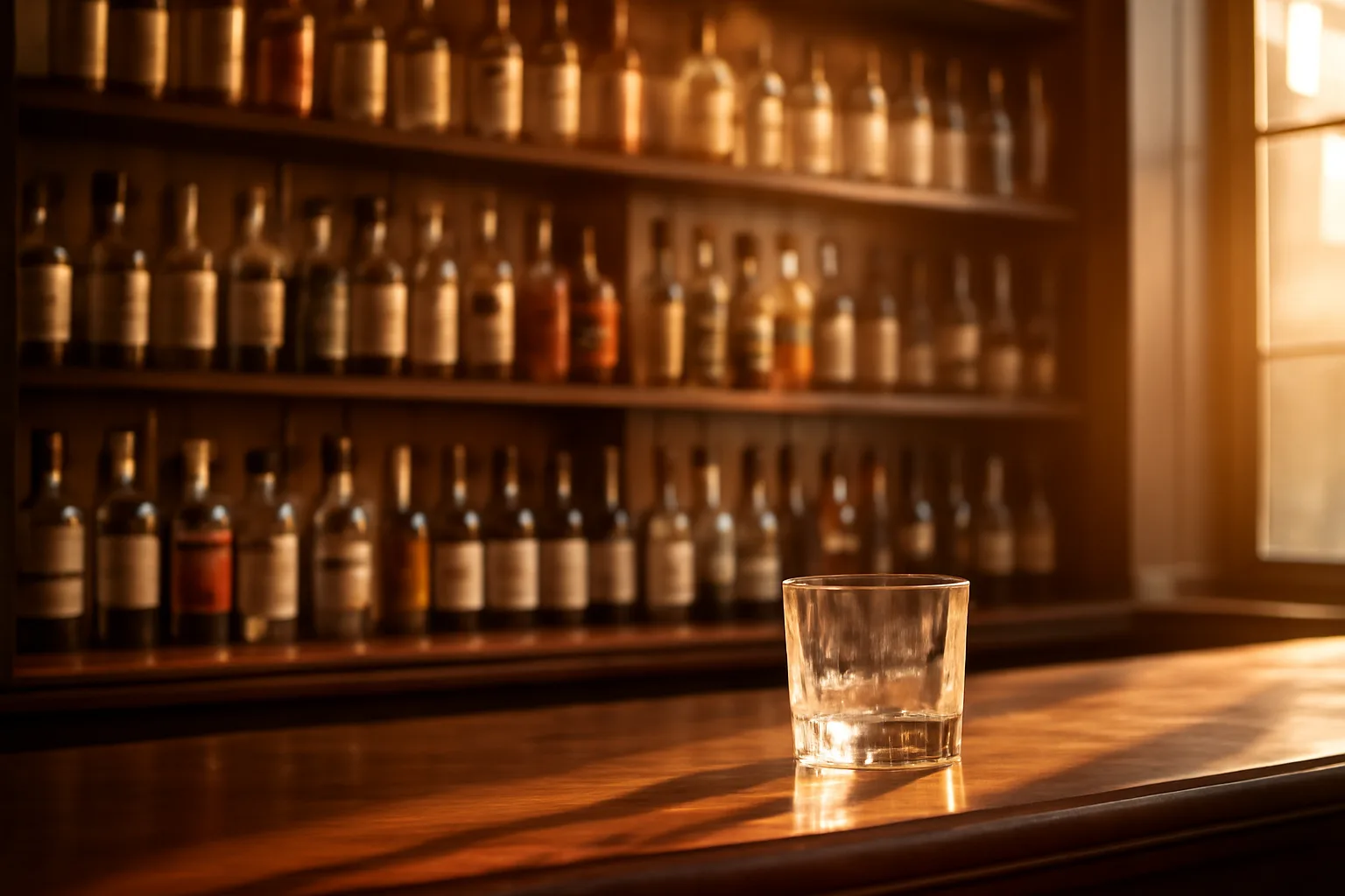 Bottles lined up behind a wooden bar counter illustrating different liquor license categories