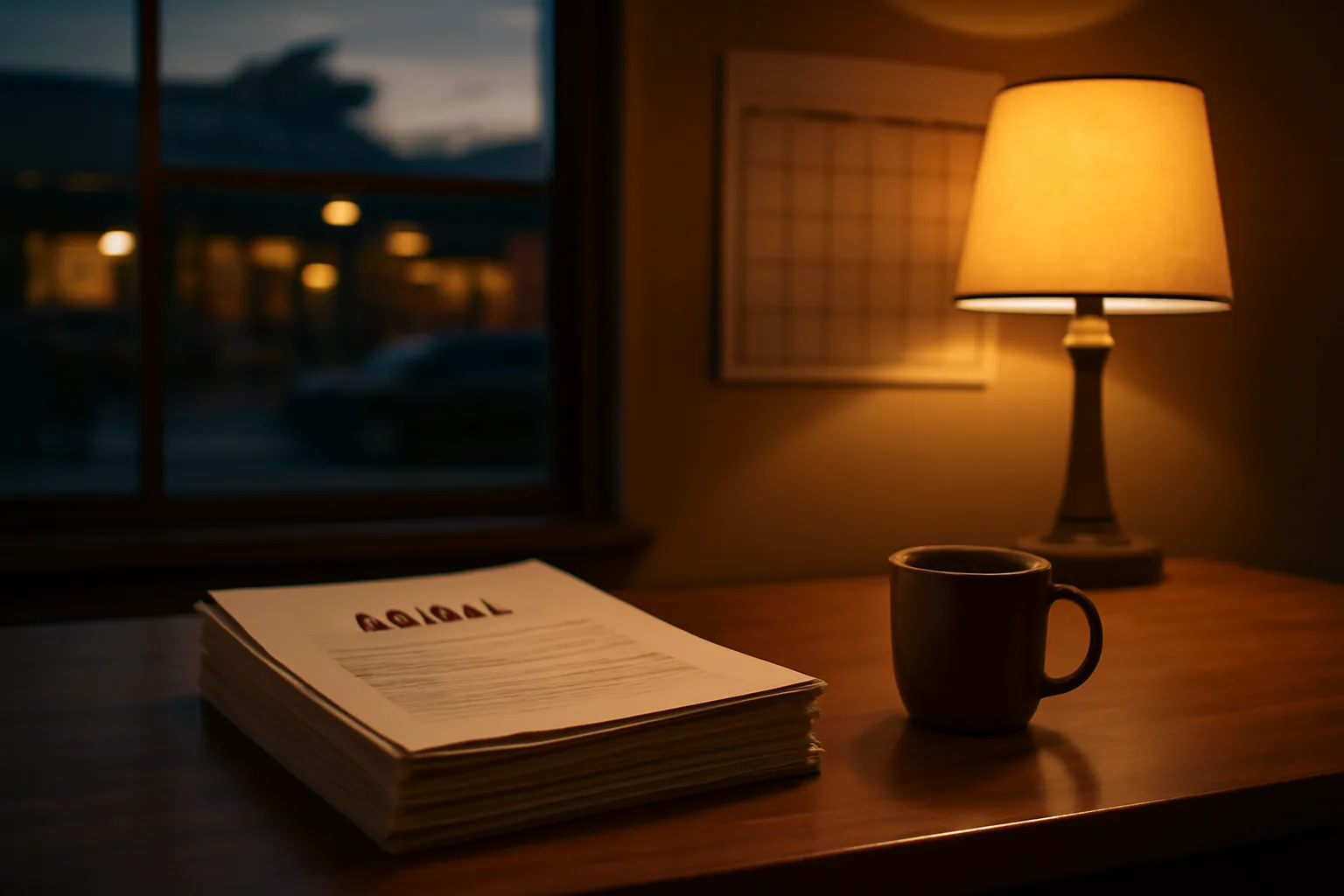 Restaurant office desk with paperwork and calendar during liquor license planning