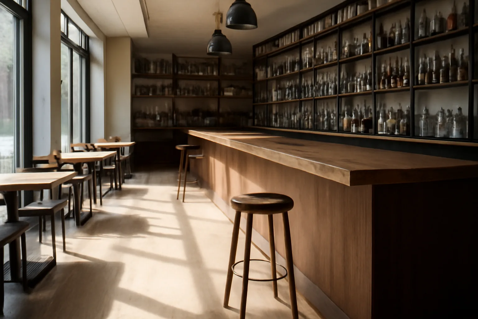 Empty restaurant bar with natural light, representing a Utah liquor license application in progress