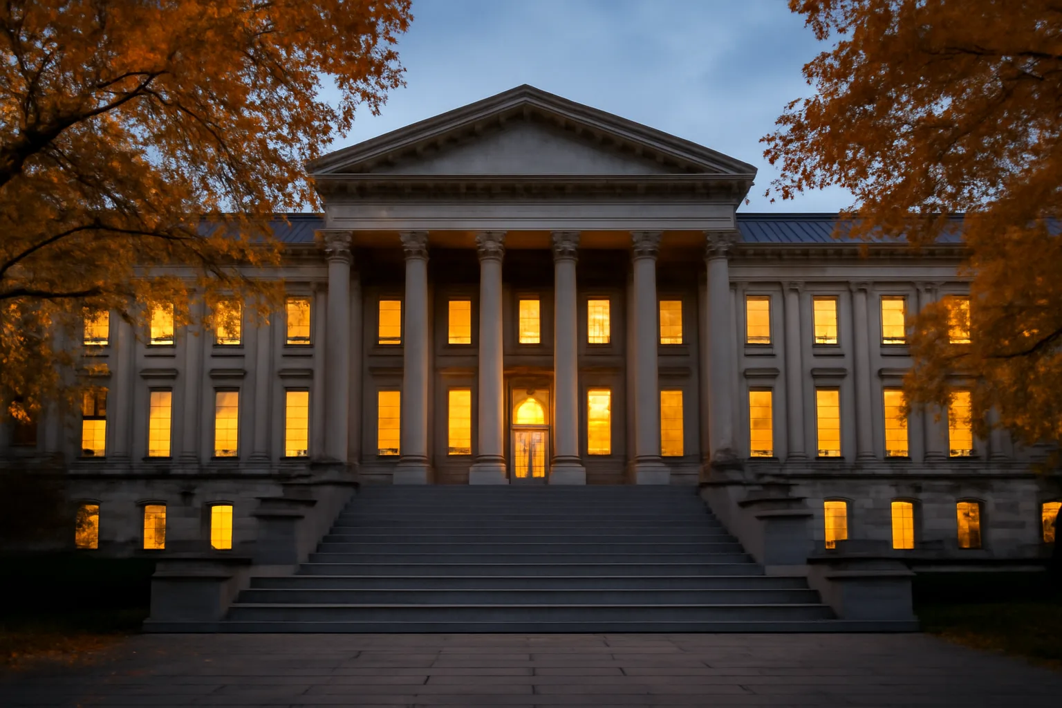 Government office building exterior representing Virginia ABC headquarters at dusk