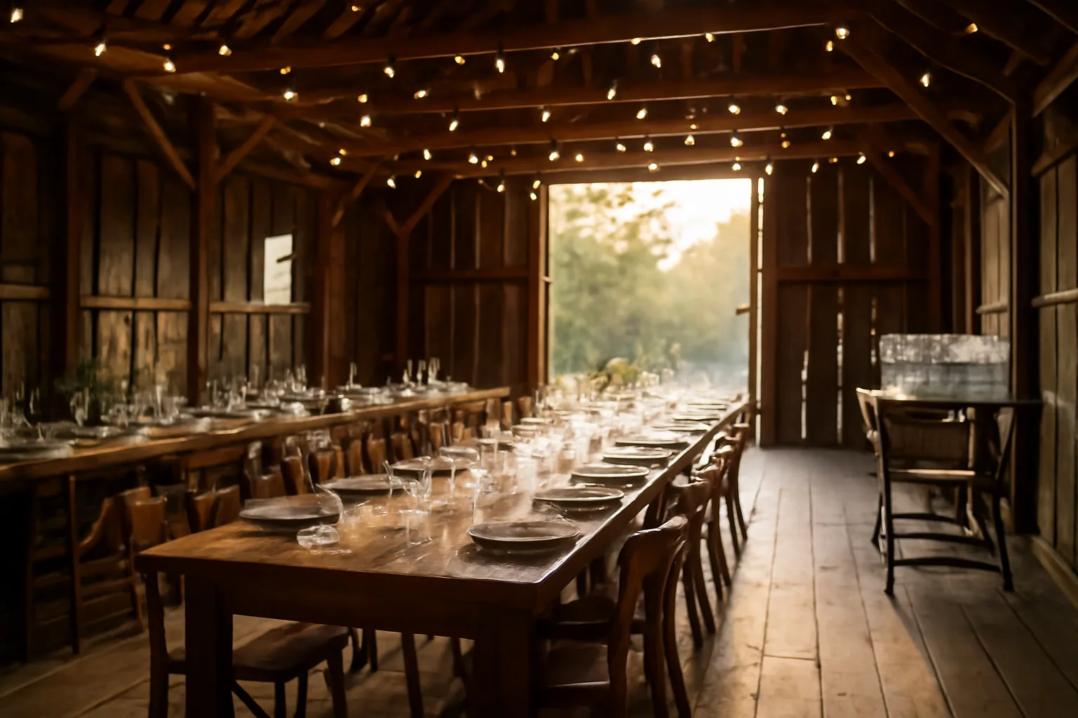 Rustic barn venue set up for a private event with a bar station and string lights