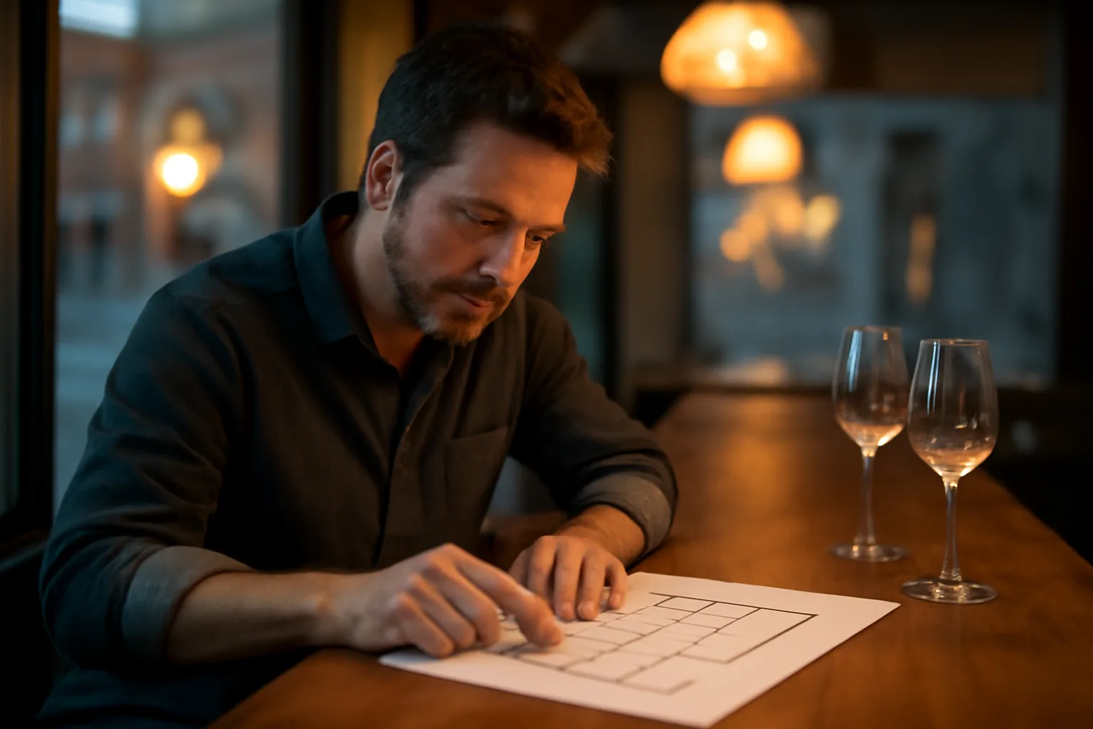 Restaurant owner reviewing floor plan at a bar while planning a VA ABC license application