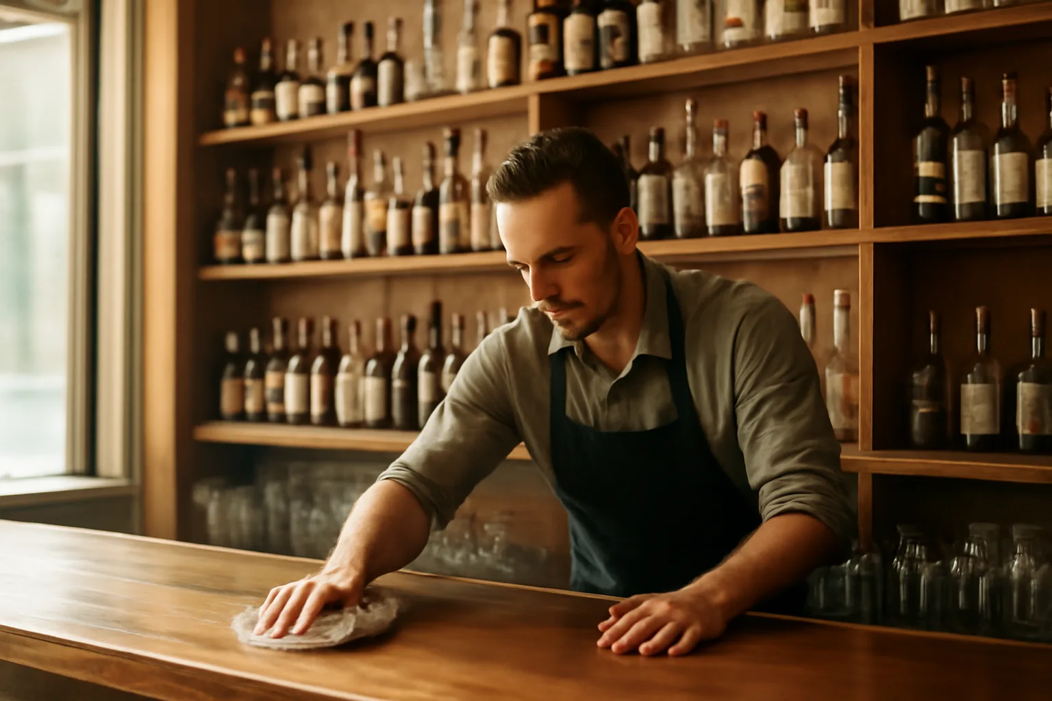 Bartender wiping down a restaurant bar counter in warm daylight