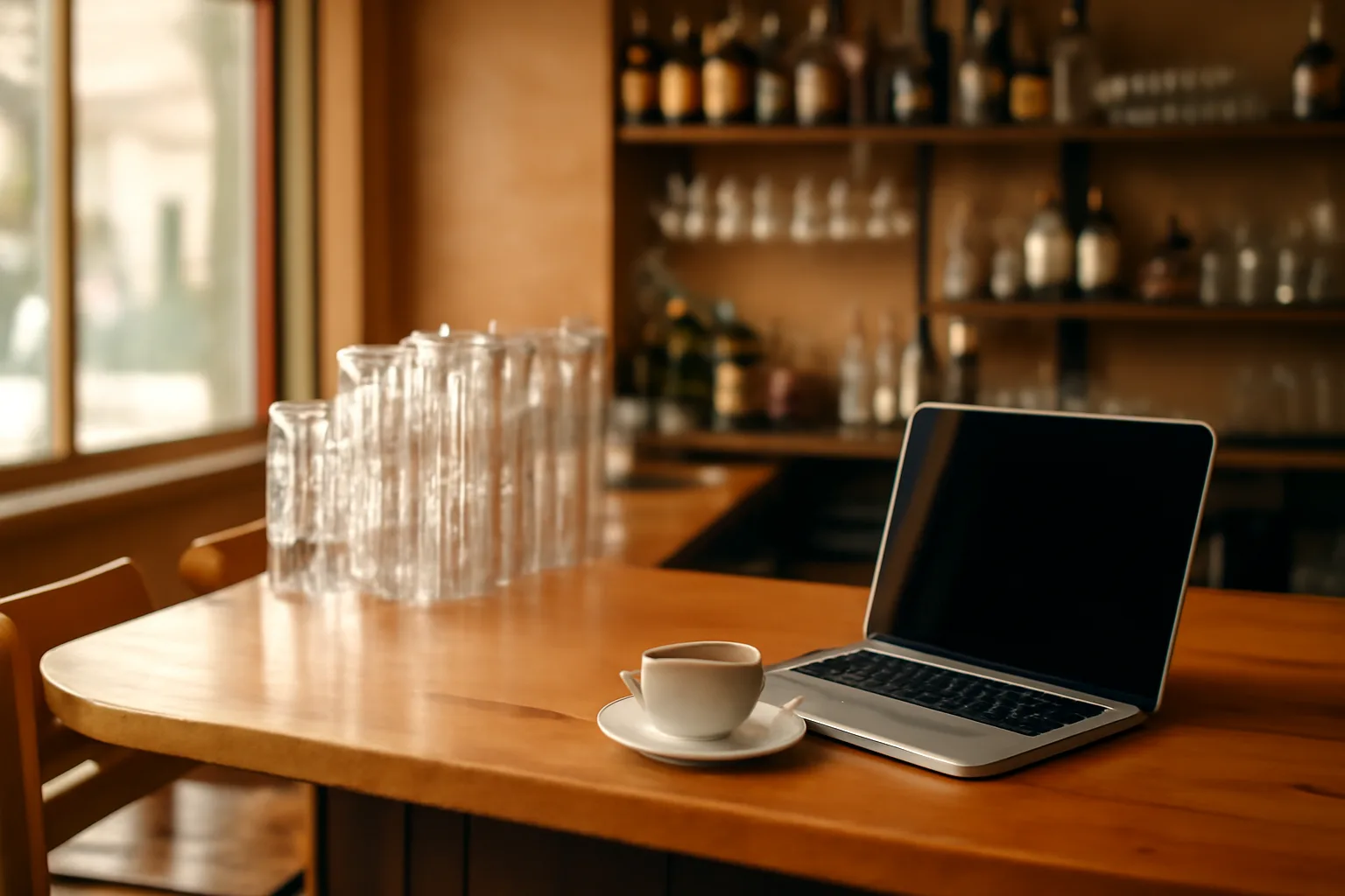 Empty restaurant bar counter with laptop, representing Virginia ABC Account Central licensing work