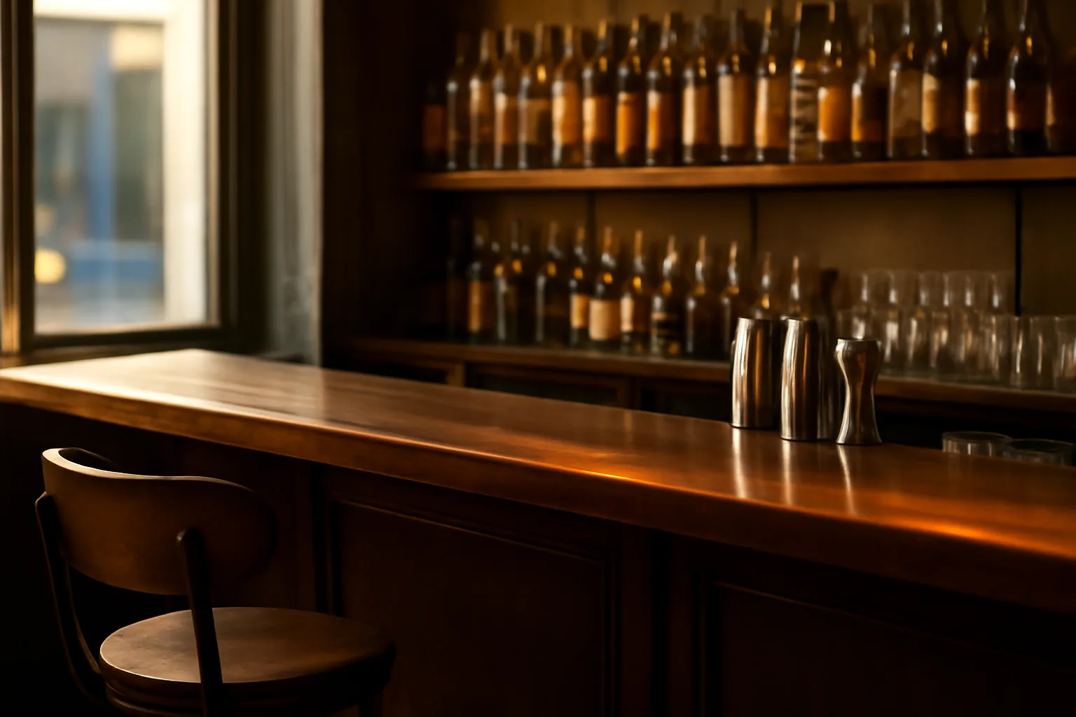 Empty restaurant bar with shelved bottles being prepared ahead of a Virginia ABC license approval