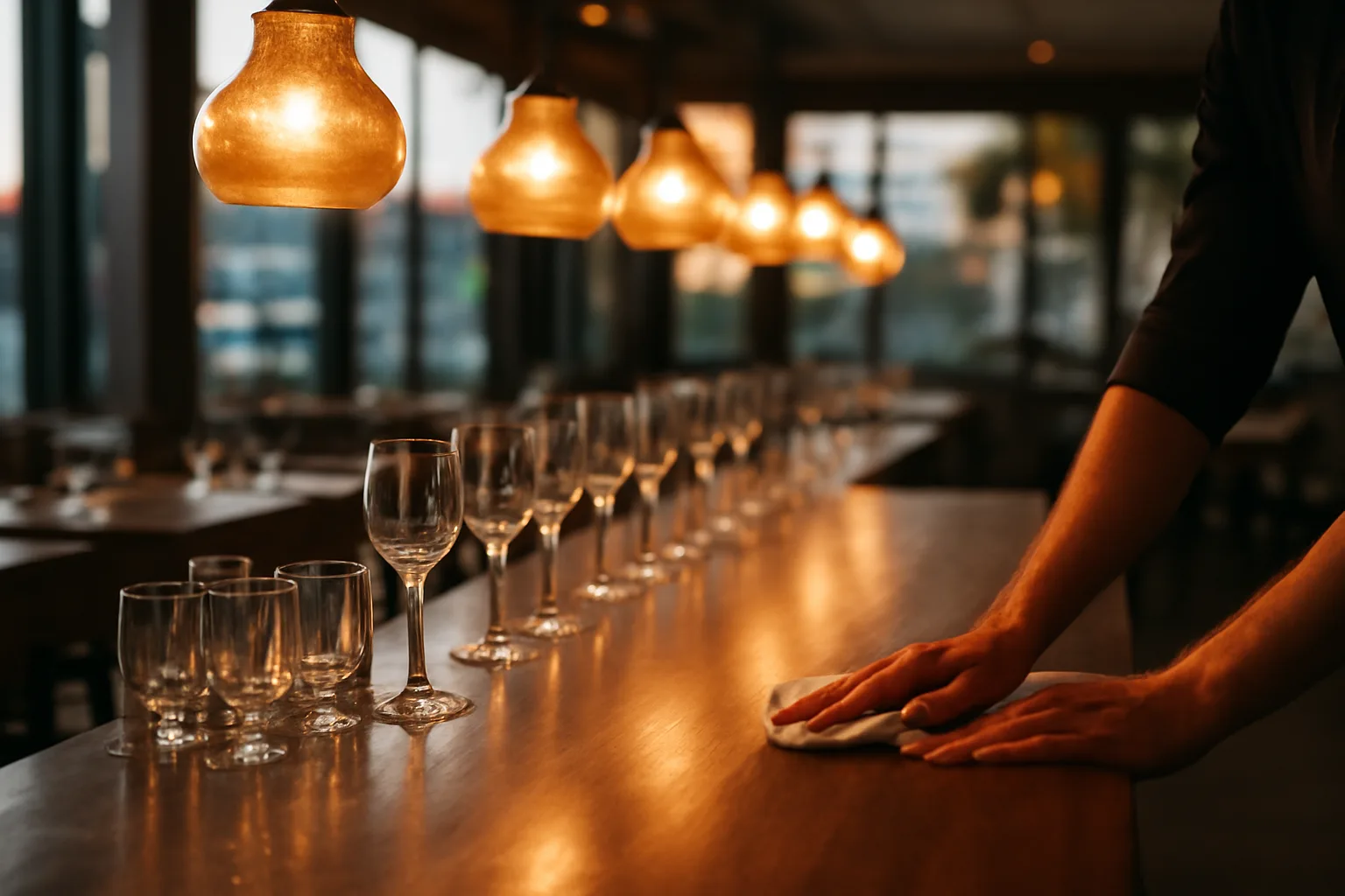 Bartender wiping down a wooden bar counter under warm evening lighting