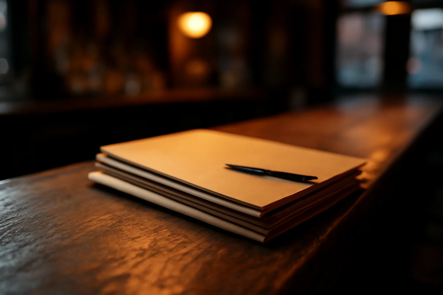 Bar counter with application folders and a pen under warm evening light