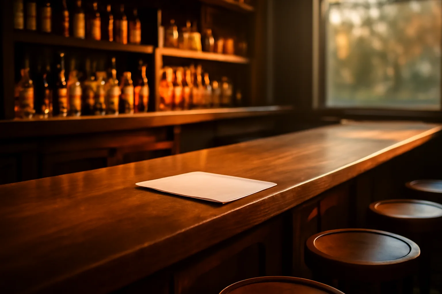 Empty restaurant bar counter at golden hour with a lease document on the bar top