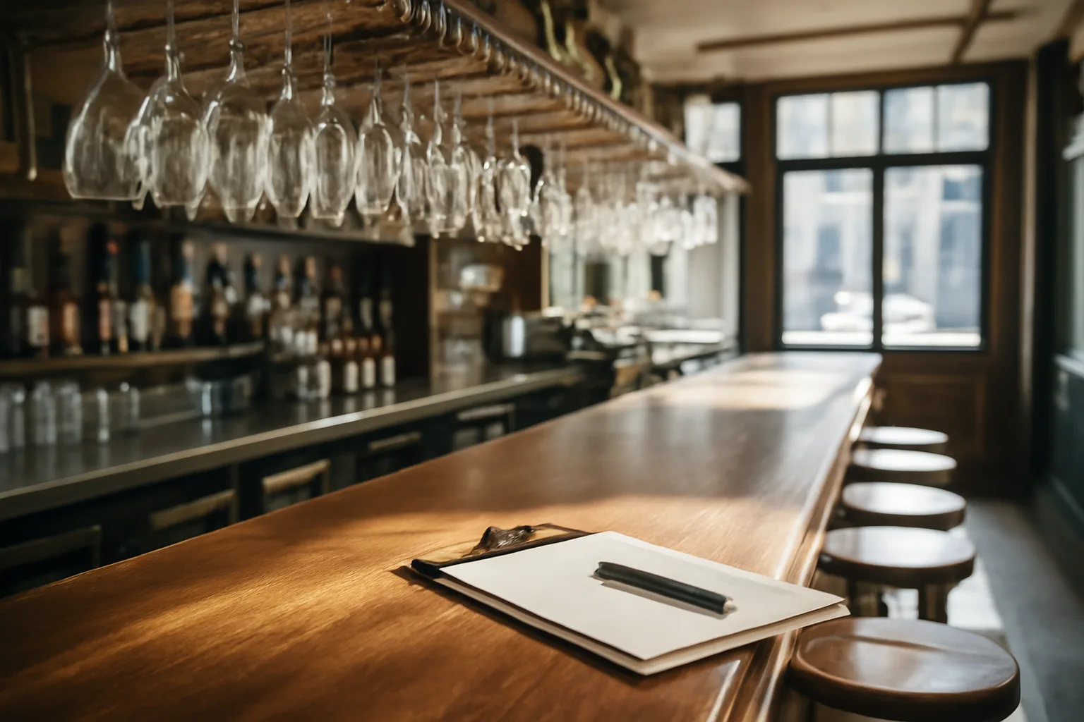 Empty restaurant bar counter in morning light before a Washington liquor license inspection
