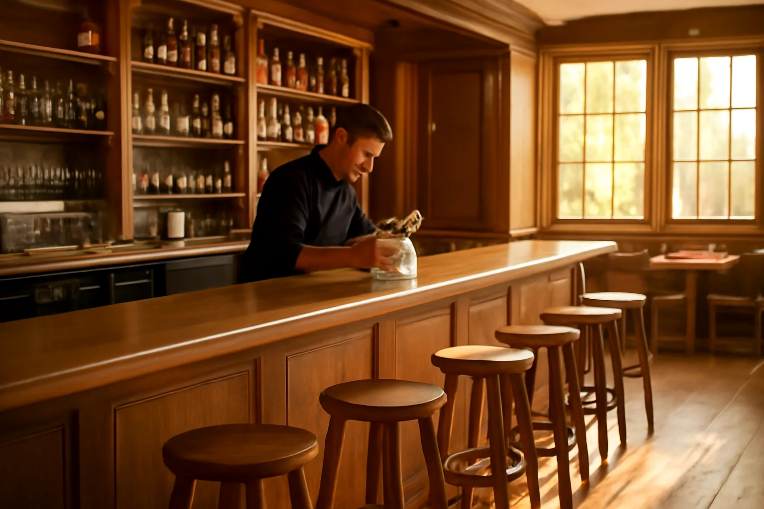 Bartender preparing an empty restaurant bar before opening under a Washington state liquor serving license