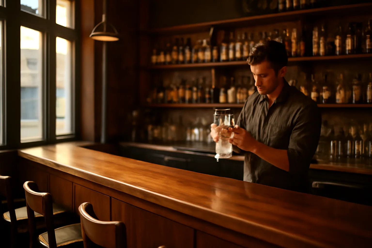 Bartender preparing a restaurant bar area in warm afternoon light before opening