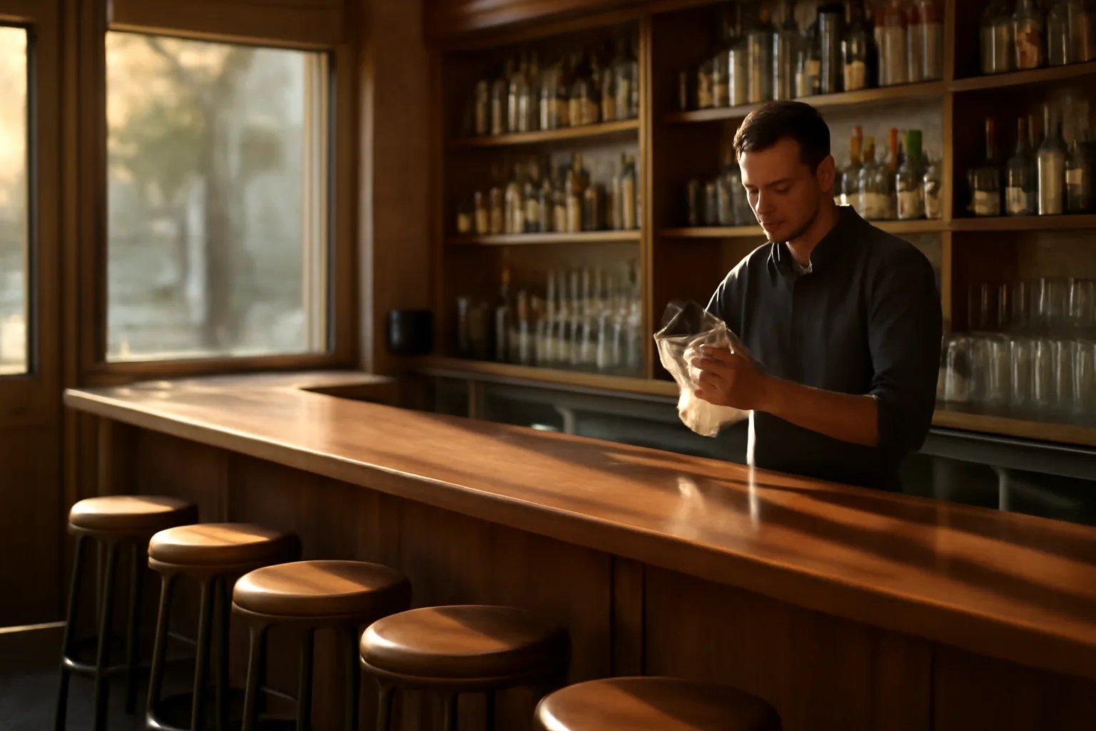 Bartender wiping glasses at an empty restaurant bar in afternoon light