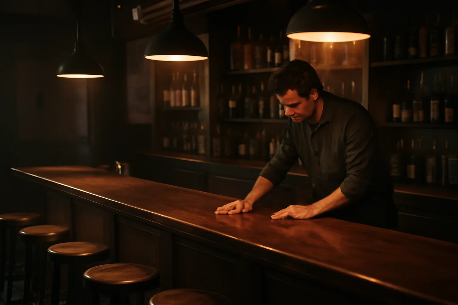Bartender closing up an empty neighborhood bar under warm pendant lighting