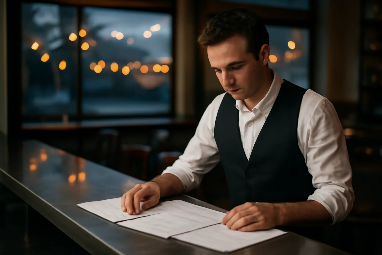 Restaurant owner reviewing documents at an empty bar counter before opening