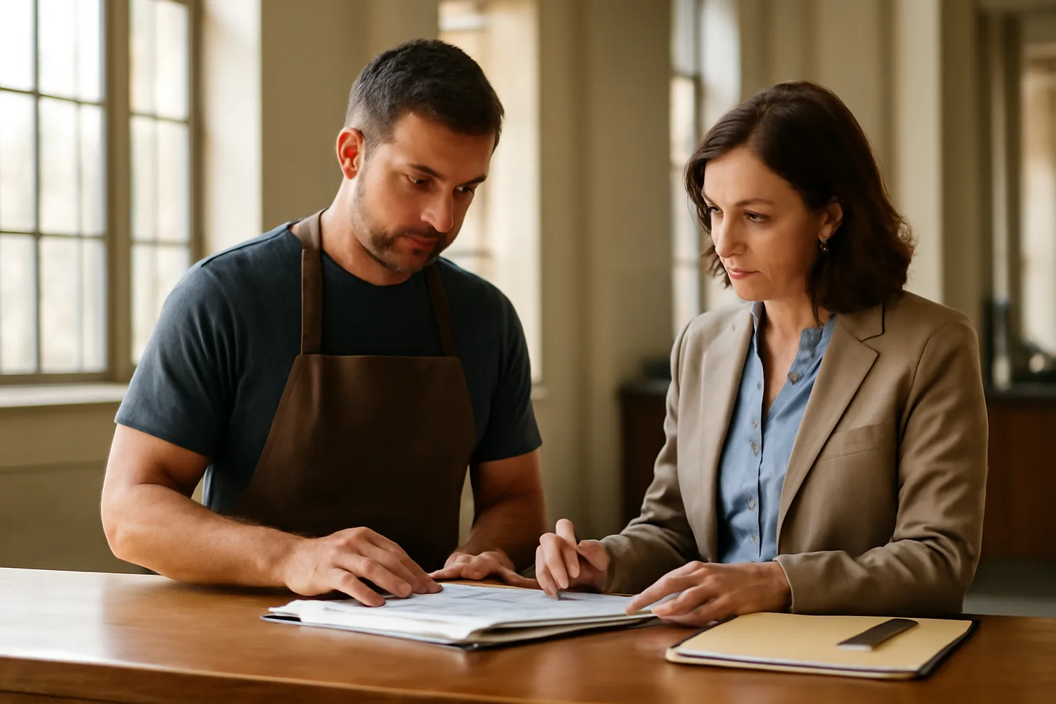 restaurant owner reviewing liquor license application papers with a government clerk
