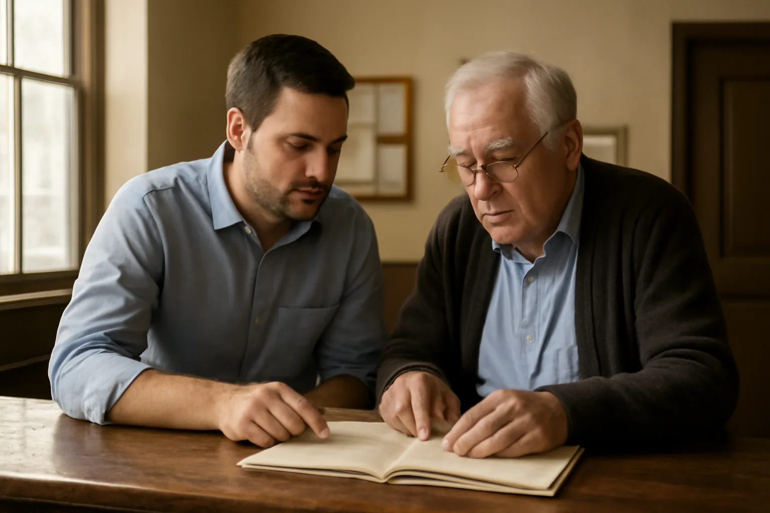 Restaurant owner discussing paperwork with a clerk at a state ABC licensing office counter