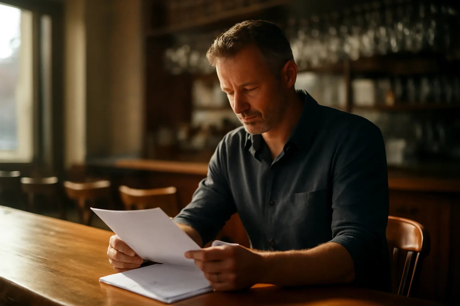 Restaurant owner reviewing documents at bar counter while researching where to get a liquor license